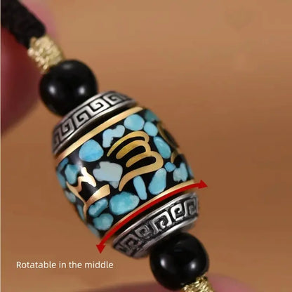 Collier pendentif Lu Lu Tong rotatif en argent 925 rétro tibétain avec mantra à six syllabes | Cordon tressé ajustable