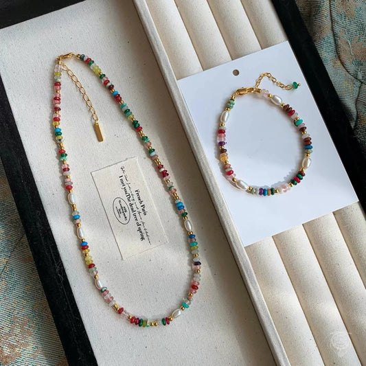 Natural Freshwater Pearl & Multi-Gemstone Necklace & Bracelet Set