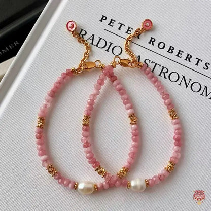 Halskette & Armband-Set aus natürlichem Pfirsich-Rhodonit & Süßwasserperlen