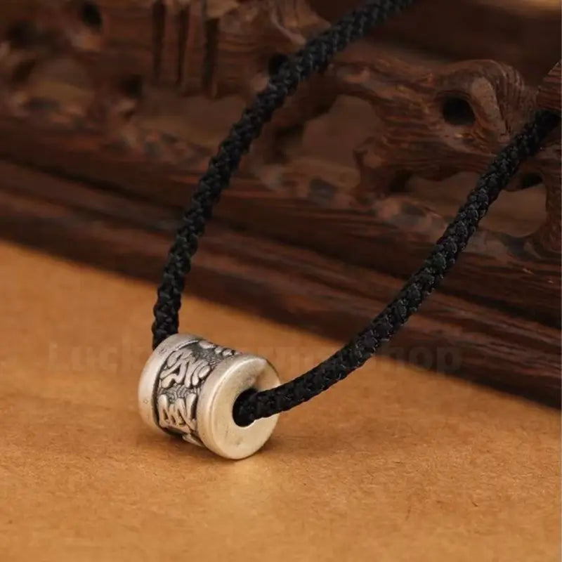 Om Mami Padme Hūm Six-Syllable Mantra Silver Fortune-Turning Bead Pendant Necklace-LuckyCharms.Shop
