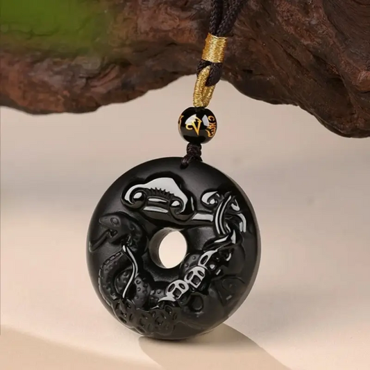 Collier boucle de paix en obsidienne naturelle du zodiaque chinois | Amulette de protection exclusive