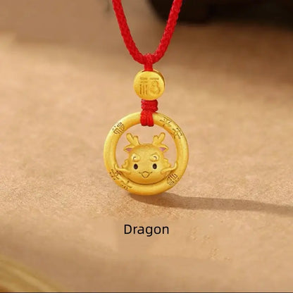 中国の十二支 925 シルバーメッキ ゴールド ピースバックル ペンダントネックレス | 祝福の赤い紐 十二支 誕生日プレゼント