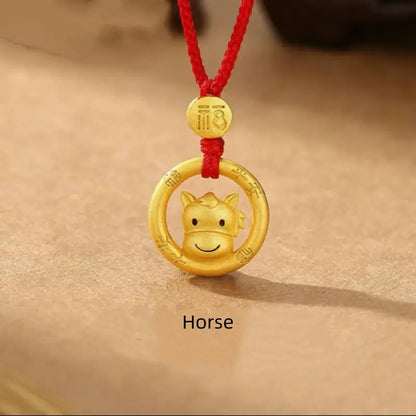 中国の十二支 925 シルバーメッキ ゴールド ピースバックル ペンダントネックレス | 祝福の赤い紐 十二支 誕生日プレゼント