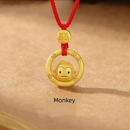 中国の十二支 925 シルバーメッキ ゴールド ピースバックル ペンダントネックレス | 祝福の赤い紐 十二支 誕生日プレゼント