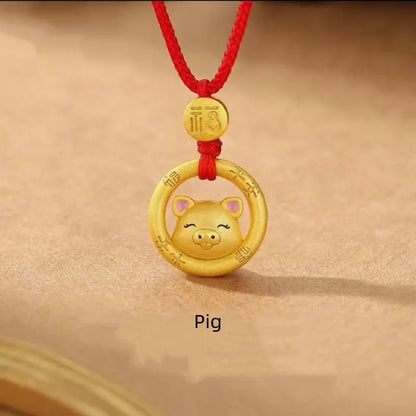 中国の十二支 925 シルバーメッキ ゴールド ピースバックル ペンダントネックレス | 祝福の赤い紐 十二支 誕生日プレゼント