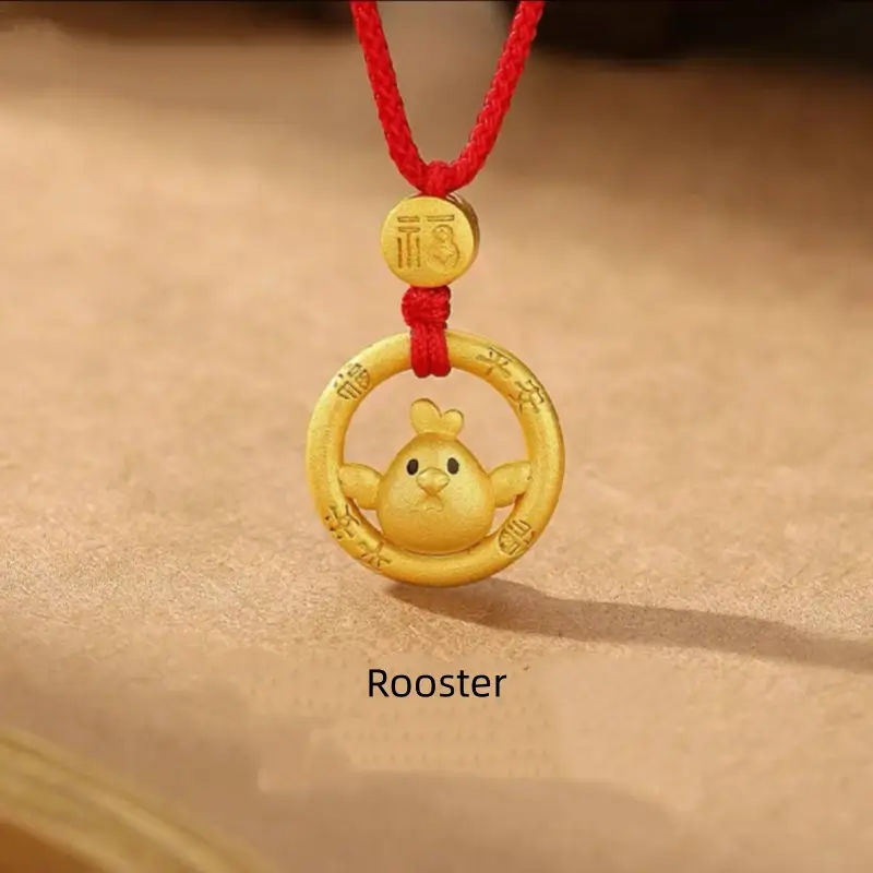 中国の十二支 925 シルバーメッキ ゴールド ピースバックル ペンダントネックレス | 祝福の赤い紐 十二支 誕生日プレゼント