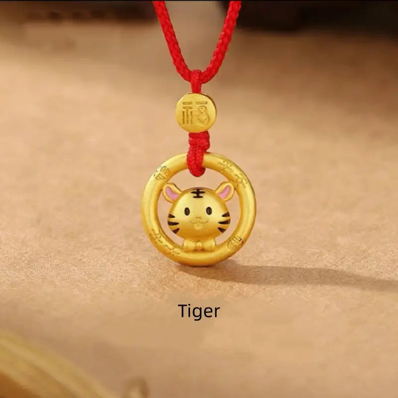中国の十二支 925 シルバーメッキ ゴールド ピースバックル ペンダントネックレス | 祝福の赤い紐 十二支 誕生日プレゼント