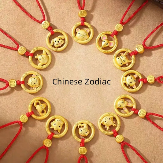 中国の十二支 925 シルバーメッキ ゴールド ピースバックル ペンダントネックレス | 祝福の赤い紐 十二支 誕生日プレゼント