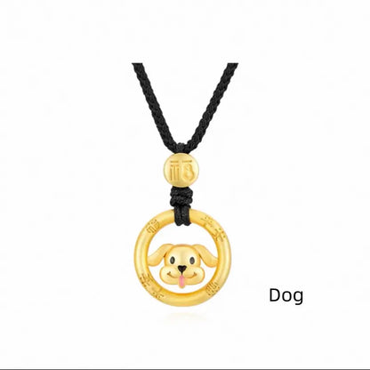 Cute Chinese Zodiac 925 Silver Plated Gold Peace Buckle Pendant Necklace | Elegant Black Cord