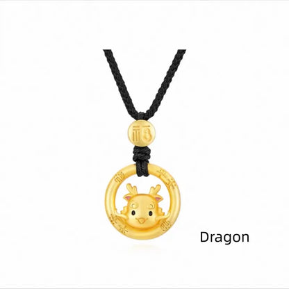 Cute Chinese Zodiac 925 Silver Plated Gold Peace Buckle Pendant Necklace | Elegant Black Cord