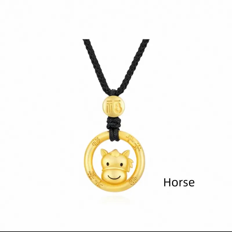 Cute Chinese Zodiac 925 Silver Plated Gold Peace Buckle Pendant Necklace | Elegant Black Cord