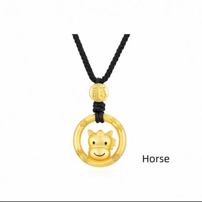 Cute Chinese Zodiac 925 Silver Plated Gold Peace Buckle Pendant Necklace | Elegant Black Cord