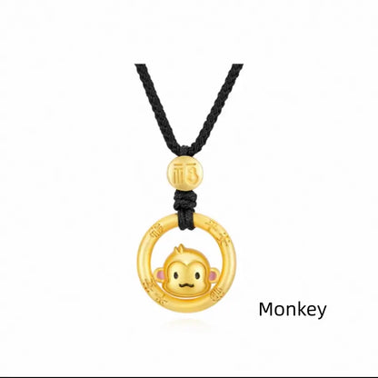 Cute Chinese Zodiac 925 Silver Plated Gold Peace Buckle Pendant Necklace | Elegant Black Cord