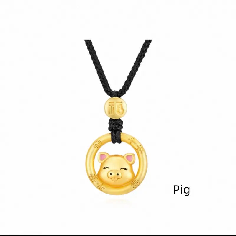 Cute Chinese Zodiac 925 Silver Plated Gold Peace Buckle Pendant Necklace | Elegant Black Cord