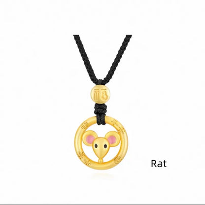 Cute Chinese Zodiac 925 Silver Plated Gold Peace Buckle Pendant Necklace | Elegant Black Cord
