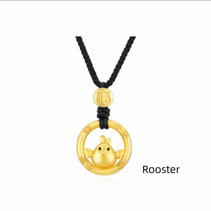 Cute Chinese Zodiac 925 Silver Plated Gold Peace Buckle Pendant Necklace | Elegant Black Cord