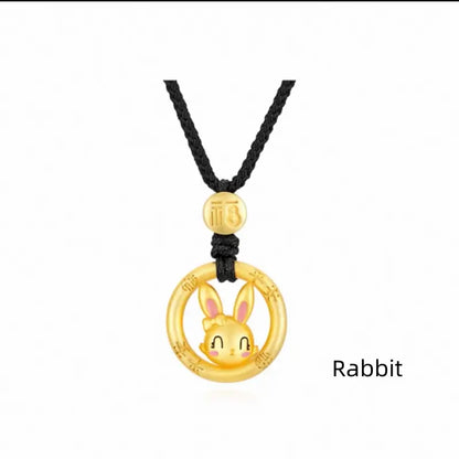 Cute Chinese Zodiac 925 Silver Plated Gold Peace Buckle Pendant Necklace | Elegant Black Cord