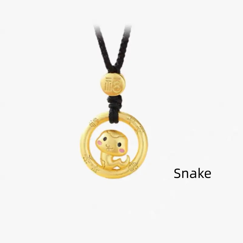 Cute Chinese Zodiac 925 Silver Plated Gold Peace Buckle Pendant Necklace | Elegant Black Cord