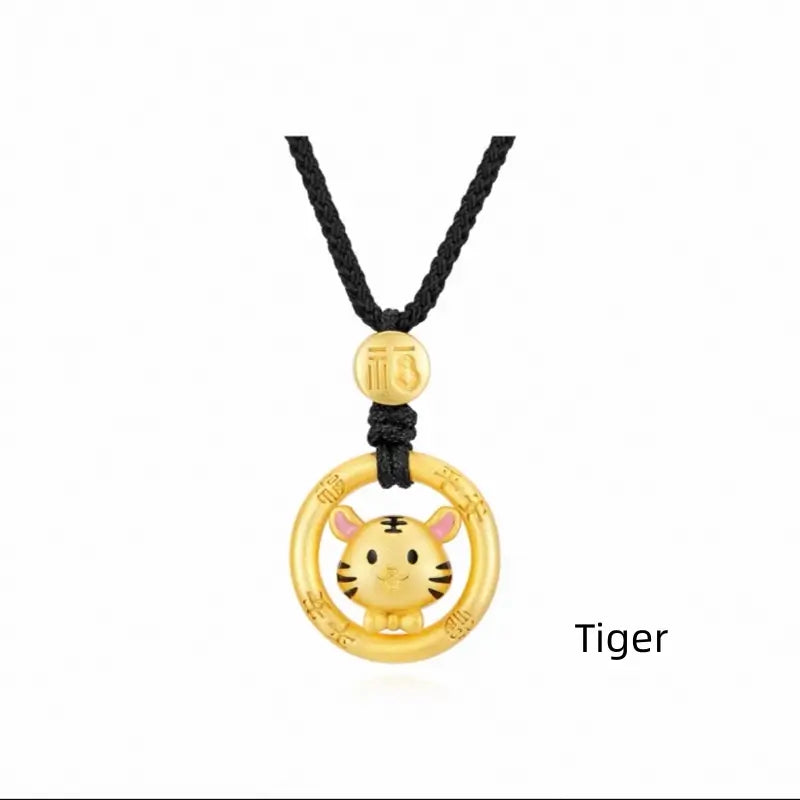 Cute Chinese Zodiac 925 Silver Plated Gold Peace Buckle Pendant Necklace | Elegant Black Cord