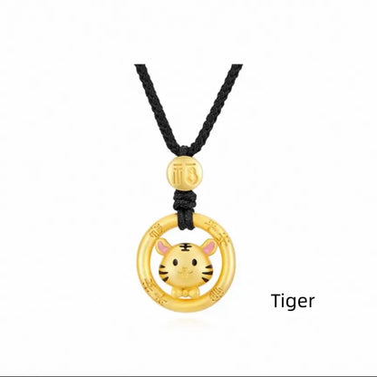 Cute Chinese Zodiac 925 Silver Plated Gold Peace Buckle Pendant Necklace | Elegant Black Cord