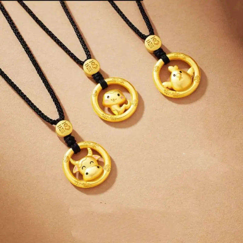 Cute Chinese Zodiac 925 Silver Plated Gold Peace Buckle Pendant Necklace | Elegant Black Cord