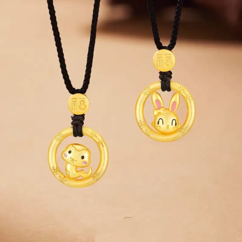 Cute Chinese Zodiac 925 Silver Plated Gold Peace Buckle Pendant Necklace | Elegant Black Cord