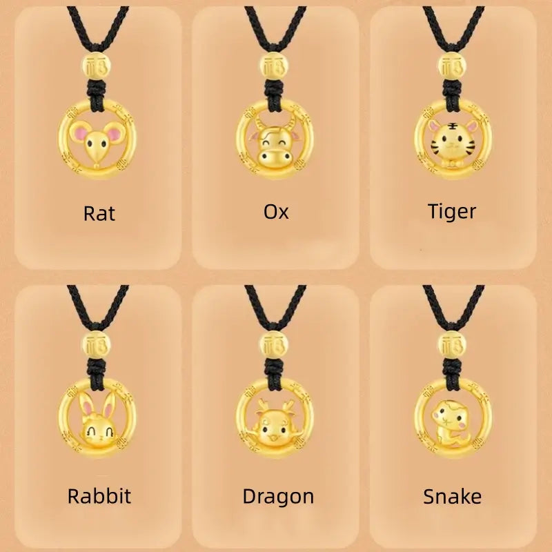 Cute Chinese Zodiac 925 Silver Plated Gold Peace Buckle Pendant Necklace | Elegant Black Cord