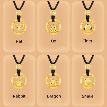 Cute Chinese Zodiac 925 Silver Plated Gold Peace Buckle Pendant Necklace | Elegant Black Cord