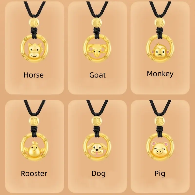 Cute Chinese Zodiac 925 Silver Plated Gold Peace Buckle Pendant Necklace | Elegant Black Cord