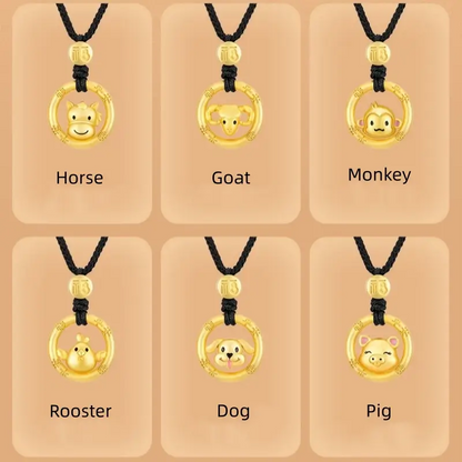 Cute Chinese Zodiac 925 Silver Plated Gold Peace Buckle Pendant Necklace | Elegant Black Cord
