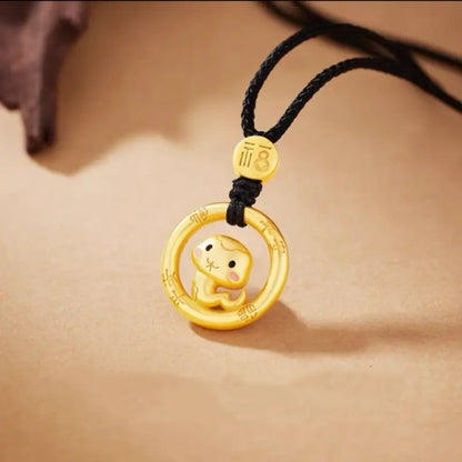Cute Chinese Zodiac 925 Silver Plated Gold Peace Buckle Pendant Necklace | Elegant Black Cord