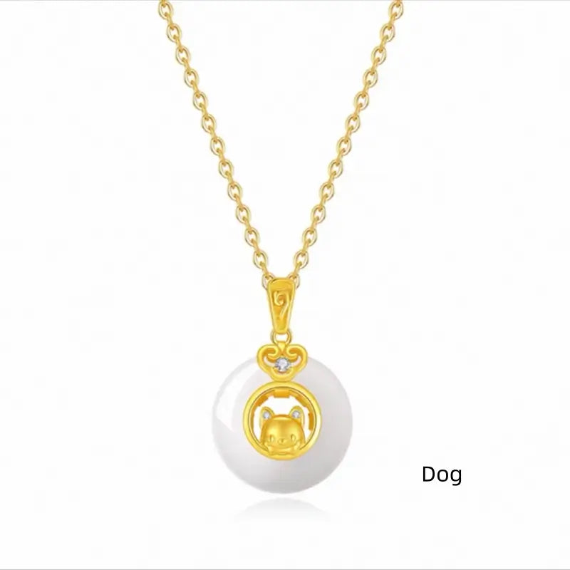 Collier pendentif boucle de paix en calcédoine plaquée or et argent 999, symbole du zodiaque chinois | Cadeau de l'année du zodiaque 