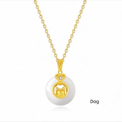 Collier pendentif boucle de paix en calcédoine plaquée or et argent 999, symbole du zodiaque chinois | Cadeau de l'année du zodiaque 
