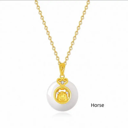 Collier pendentif boucle de paix en calcédoine plaquée or et argent 999, symbole du zodiaque chinois | Cadeau de l'année du zodiaque 