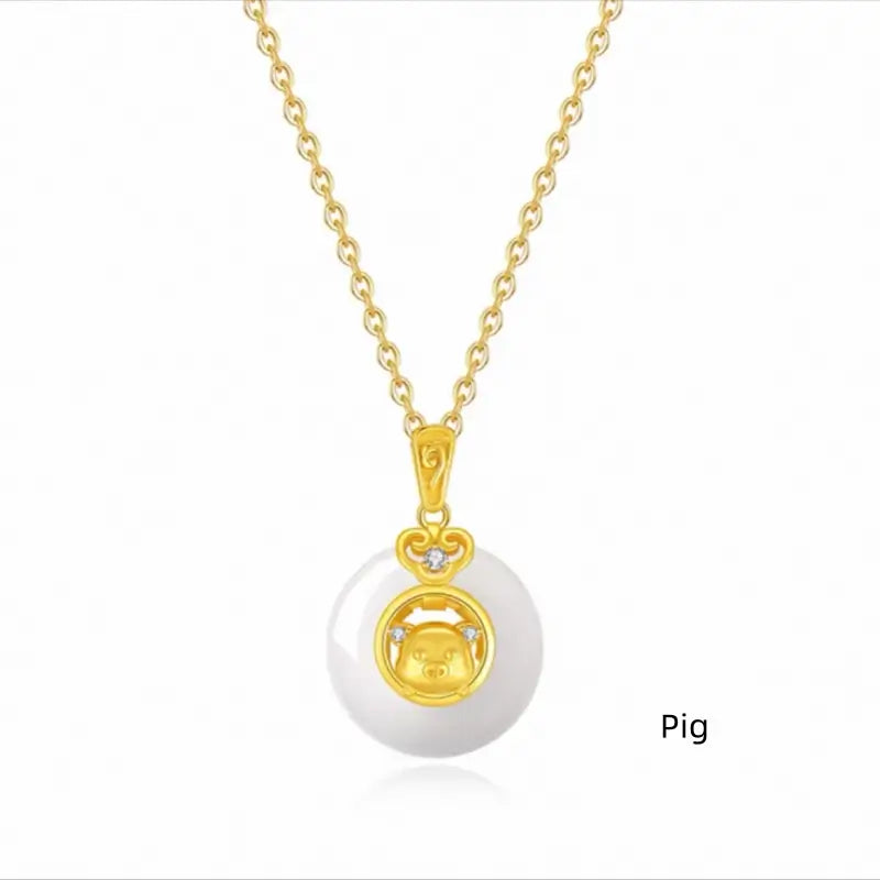 Collier pendentif boucle de paix en calcédoine plaquée or et argent 999, symbole du zodiaque chinois | Cadeau de l'année du zodiaque 