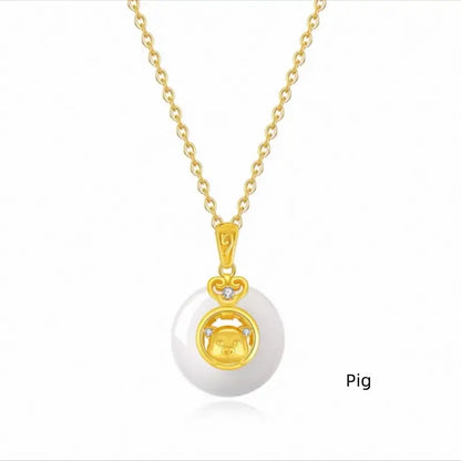 Collier pendentif boucle de paix en calcédoine plaquée or et argent 999, symbole du zodiaque chinois | Cadeau de l'année du zodiaque 
