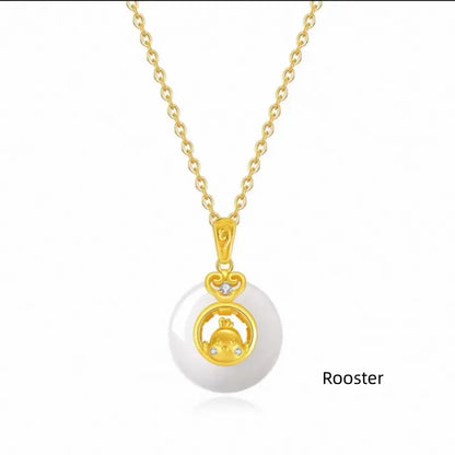 Collier pendentif boucle de paix en calcédoine plaquée or et argent 999, symbole du zodiaque chinois | Cadeau de l'année du zodiaque 