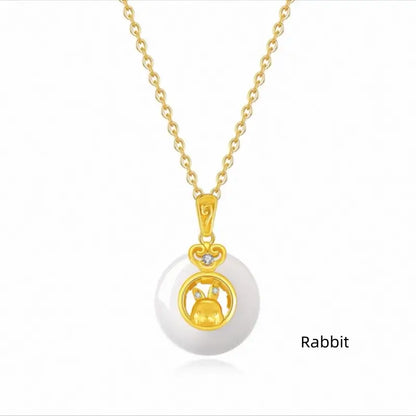 Collier pendentif boucle de paix en calcédoine plaquée or et argent 999, symbole du zodiaque chinois | Cadeau de l'année du zodiaque 