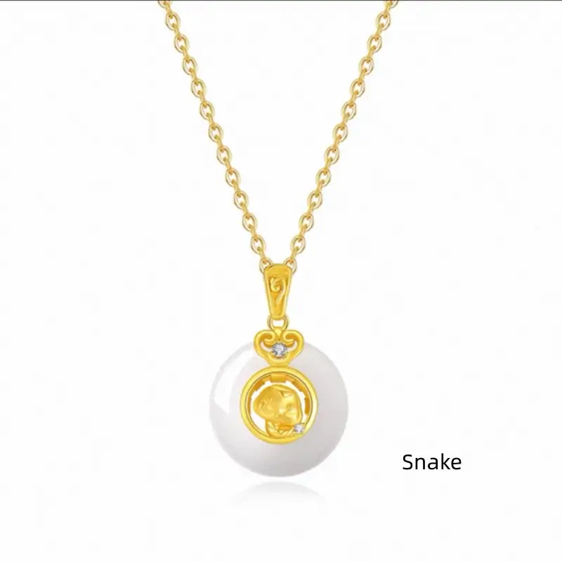 Collier pendentif boucle de paix en calcédoine plaquée or et argent 999, symbole du zodiaque chinois | Cadeau de l'année du zodiaque 