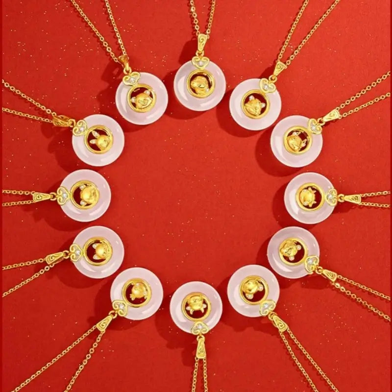 Collier pendentif boucle de paix en calcédoine plaquée or et argent 999, symbole du zodiaque chinois | Cadeau de l'année du zodiaque 