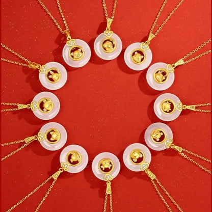 Collier pendentif boucle de paix en calcédoine plaquée or et argent 999, symbole du zodiaque chinois | Cadeau de l'année du zodiaque 