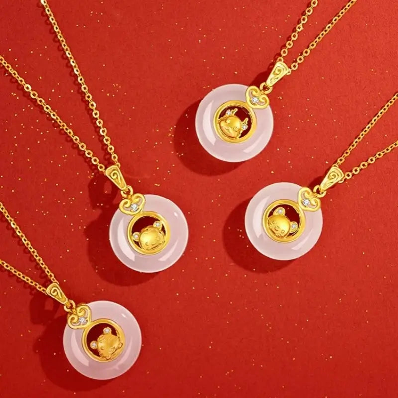 Collier pendentif boucle de paix en calcédoine plaquée or et argent 999, symbole du zodiaque chinois | Cadeau de l'année du zodiaque 