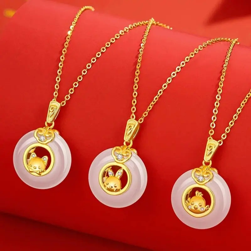 Collier pendentif boucle de paix en calcédoine plaquée or et argent 999, symbole du zodiaque chinois | Cadeau de l'année du zodiaque 