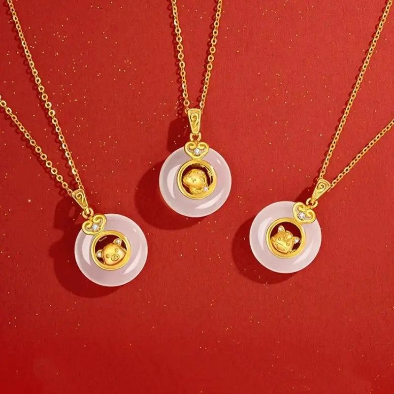 Collier pendentif boucle de paix en calcédoine plaquée or et argent 999, symbole du zodiaque chinois | Cadeau de l'année du zodiaque 