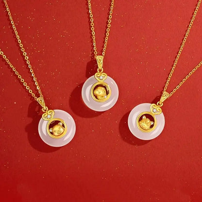 Collier pendentif boucle de paix en calcédoine plaquée or et argent 999, symbole du zodiaque chinois | Cadeau de l'année du zodiaque 