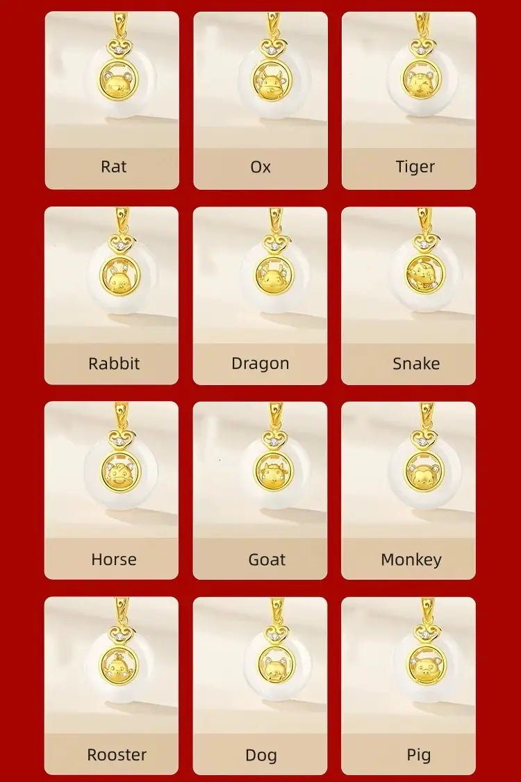 Collier pendentif boucle de paix en calcédoine plaquée or et argent 999, symbole du zodiaque chinois | Cadeau de l'année du zodiaque 