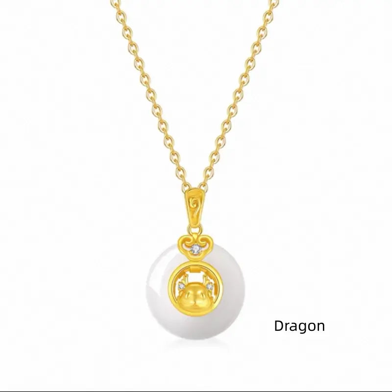Collier pendentif boucle de paix en calcédoine plaquée or et argent 999, symbole du zodiaque chinois | Cadeau de l'année du zodiaque 