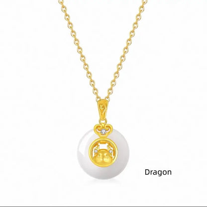 Collier pendentif boucle de paix en calcédoine plaquée or et argent 999, symbole du zodiaque chinois | Cadeau de l'année du zodiaque 