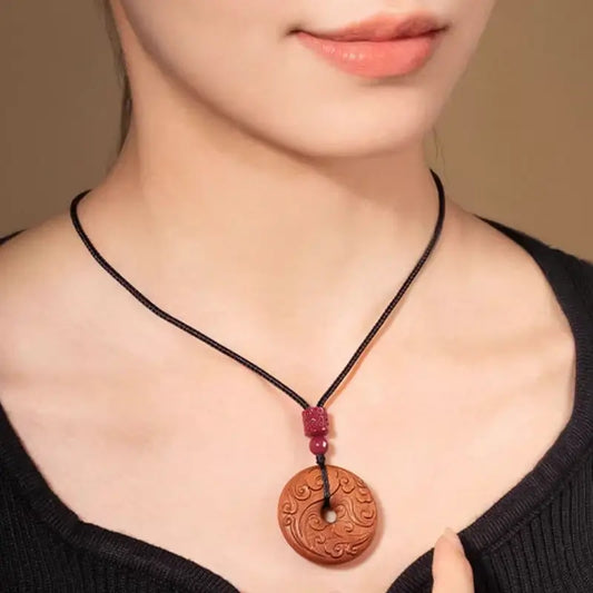 Mount Wutai Blessed Auspicious Cloud Natural Peach Wood Peace Buckle Necklace | Chinese Lucky Pendant