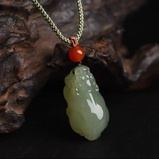 Natural Hetian Jade Pixiu Pendant Necklace | South Red Agate, Adjustable Length-LuckyCharms.Shop
